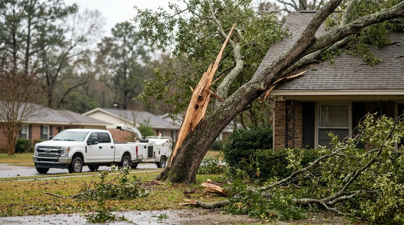 Storm-damaged tree leaning against a roof in Augusta