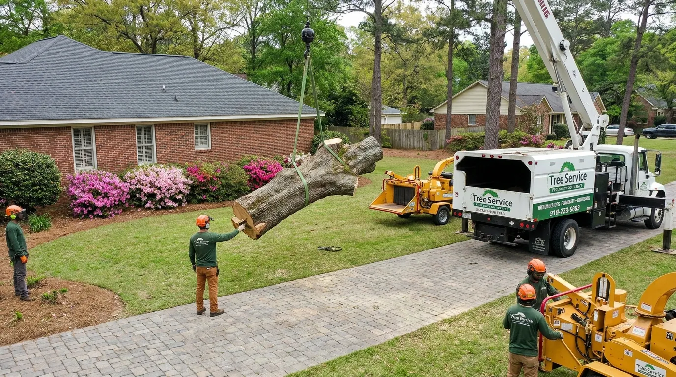 Crew removing a large tree from a residential yard in Augusta, GA