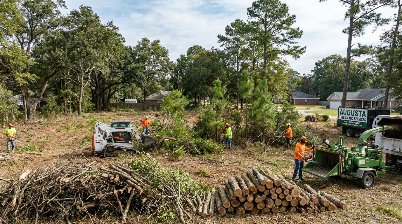 Overgrown Augusta lot being cleared of brush and small trees