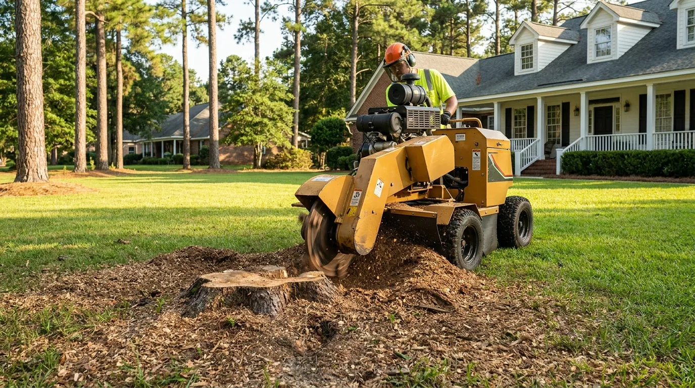 Stump grinder reducing a tree stump below grade in an Augusta yard