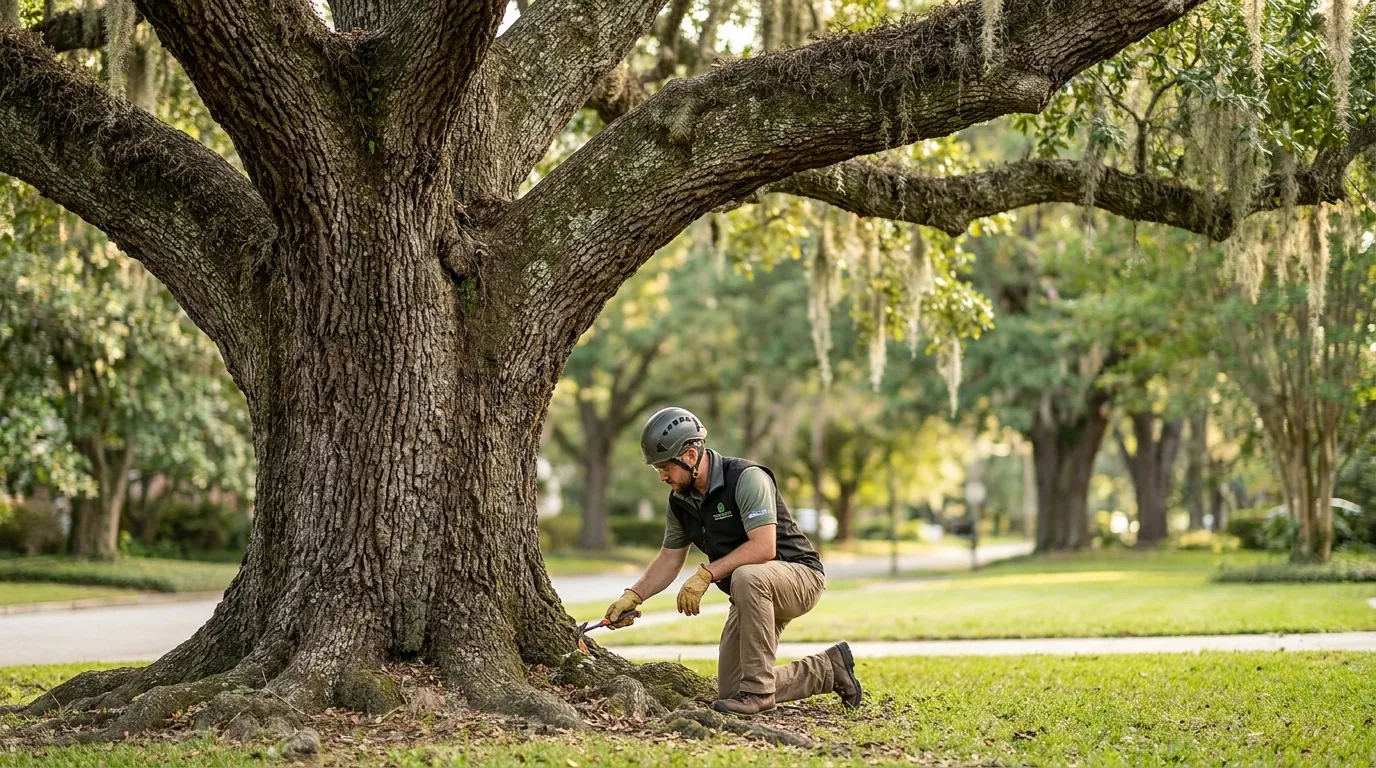 Arborist inspecting the base and trunk of a mature oak in Augusta