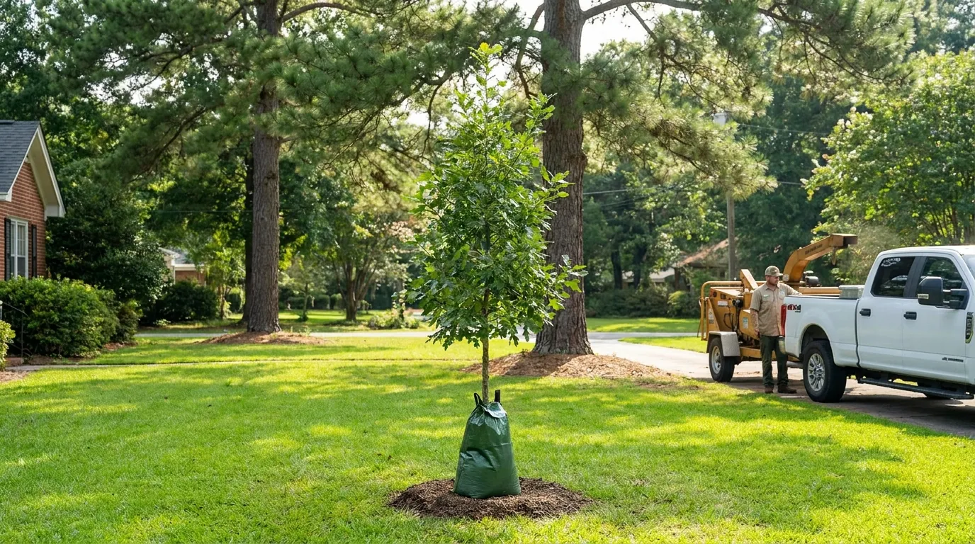 Newly planted young tree in an Augusta, GA yard