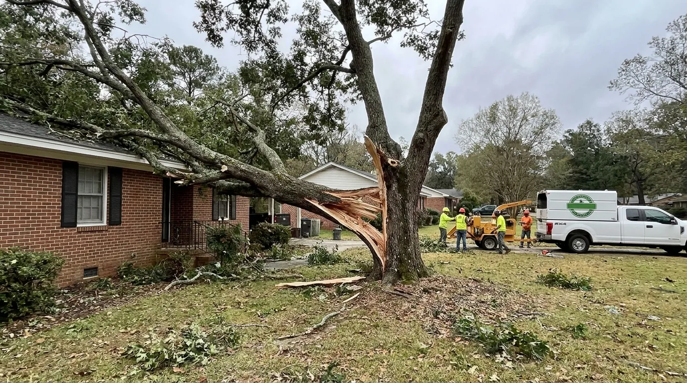 Storm-damaged tree with a broken limb in an Augusta, GA yard