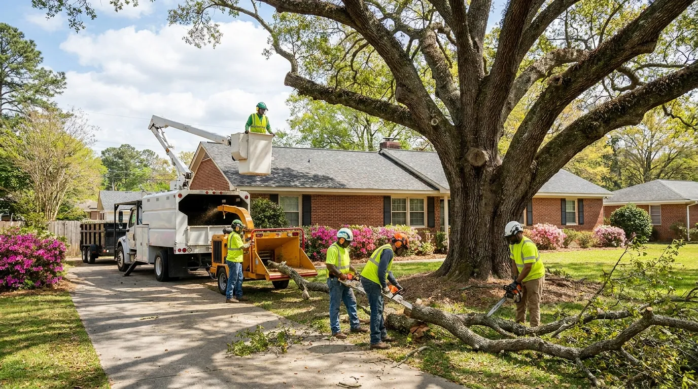 Crew removing a large tree in an Augusta, GA backyard