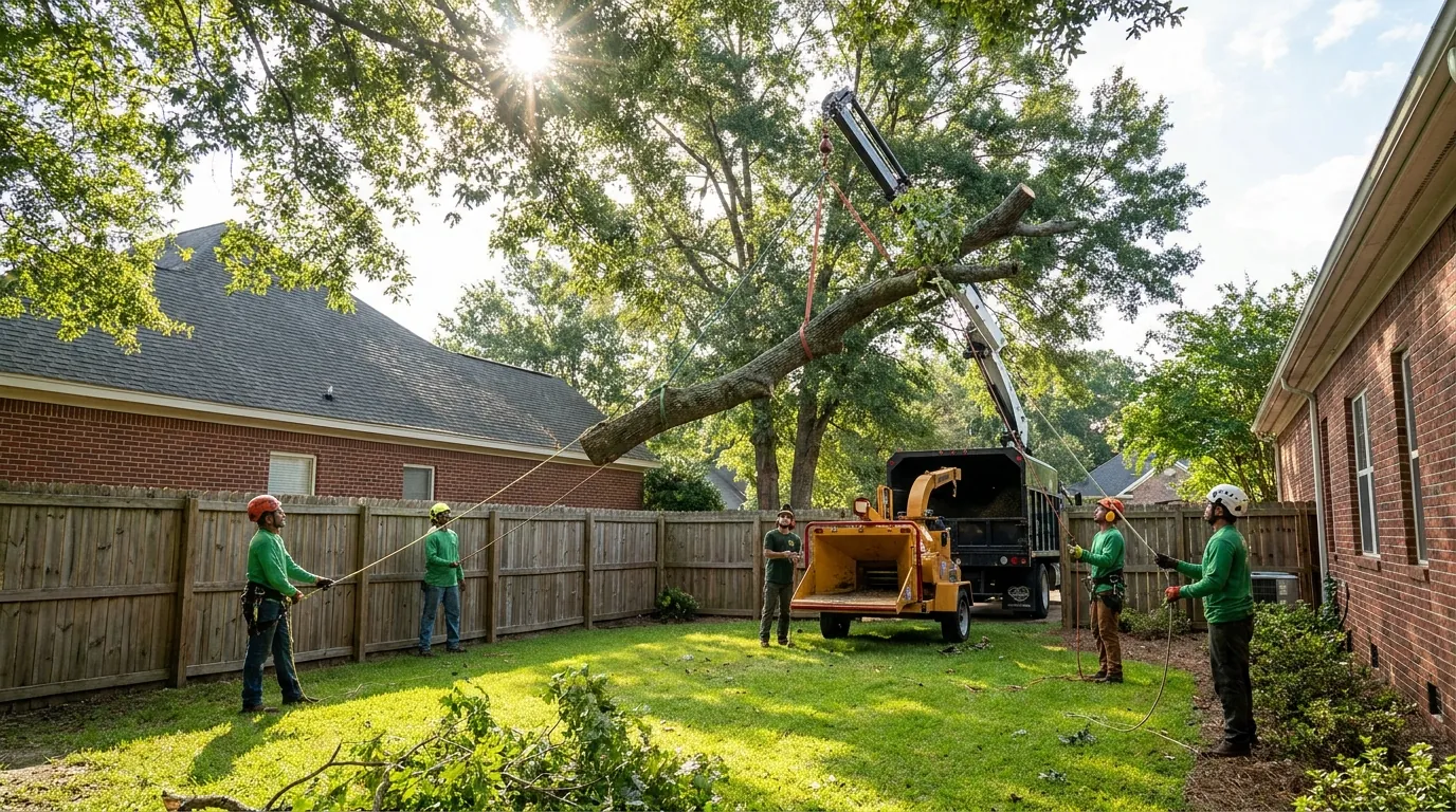 Crew removing a large tree in sections over a residential yard in Augusta