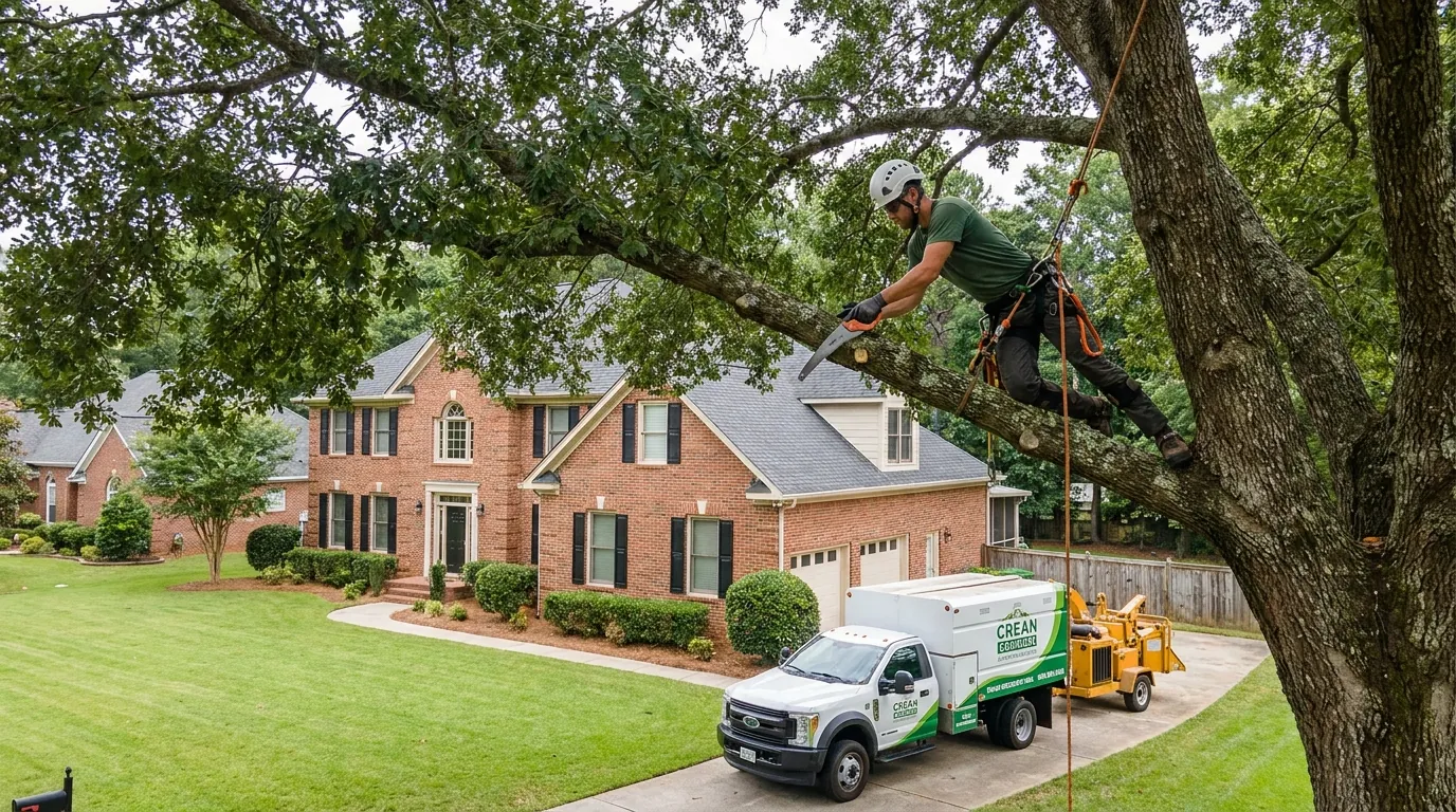 Arborist pruning a hardwood canopy over an Augusta home